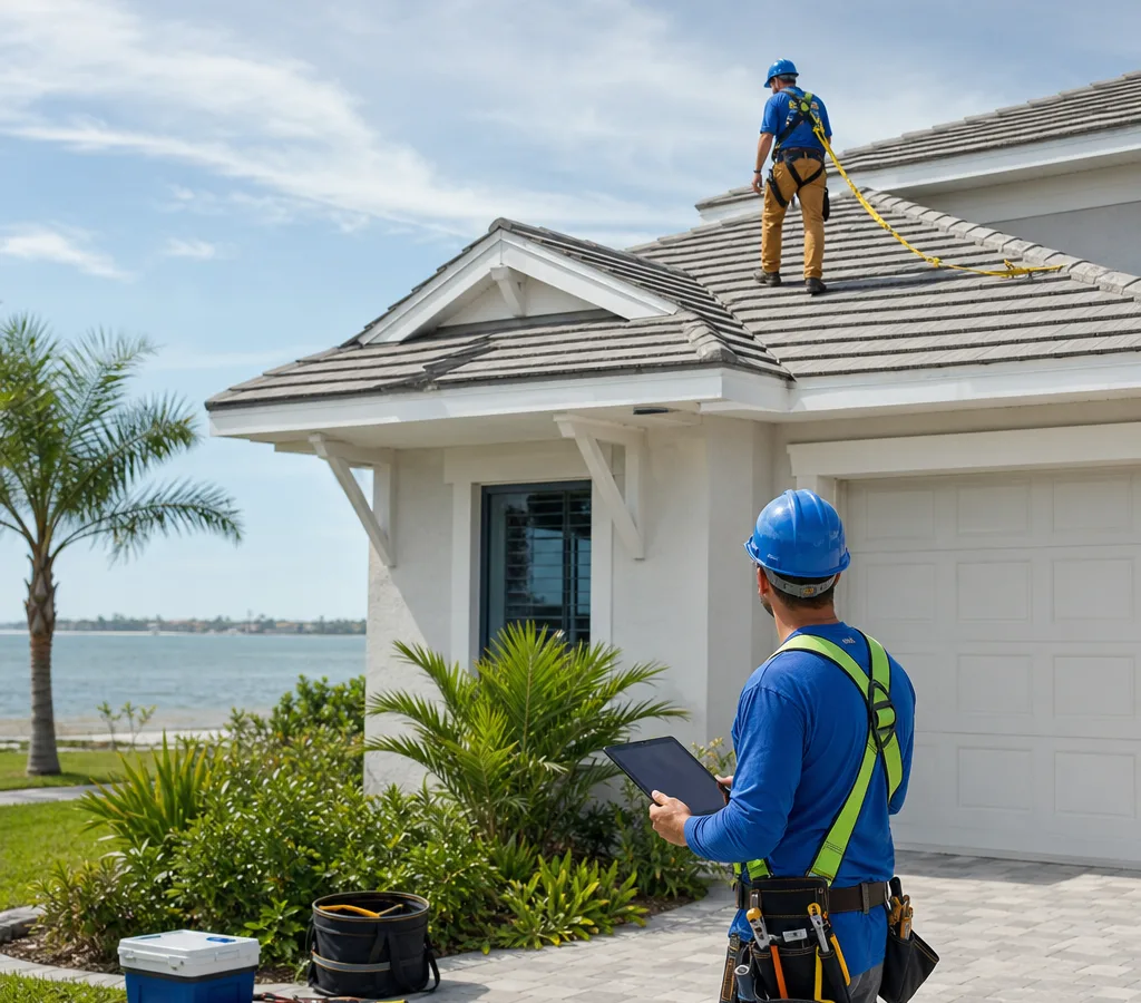 Roofing crew inspecting a coastal Florida home with safety gear and an organized work area