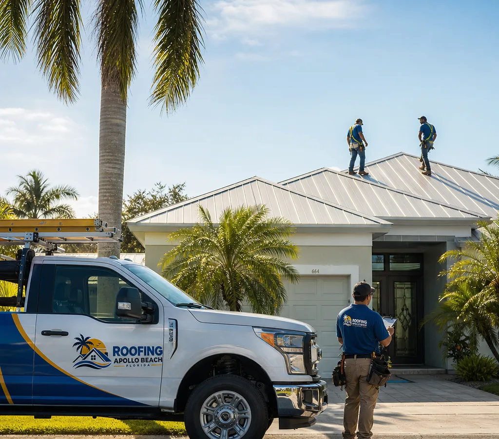 Roofing crew inspecting a coastal Florida home with safety gear and an organized work area
