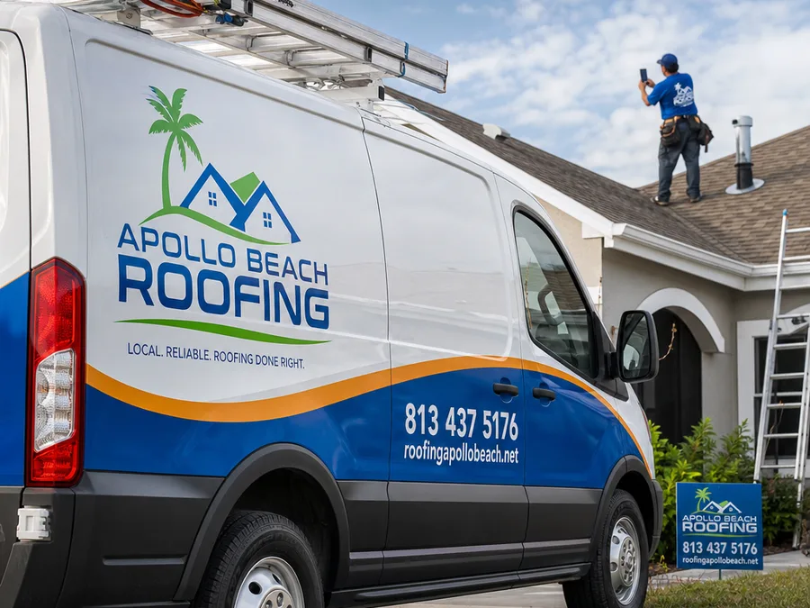 Roofer documenting flashing and vent penetration conditions during a detailed roof evaluation
