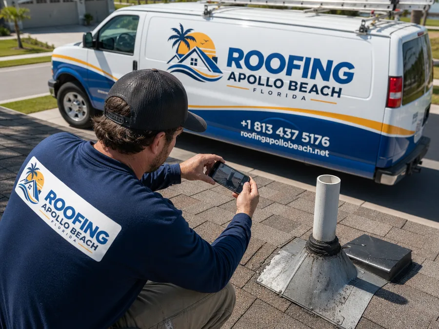 Roofer documenting flashing and vent penetration conditions during a detailed roof evaluation