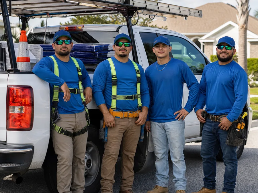 Roofing crew beside a work truck with safety equipment and neatly staged materials