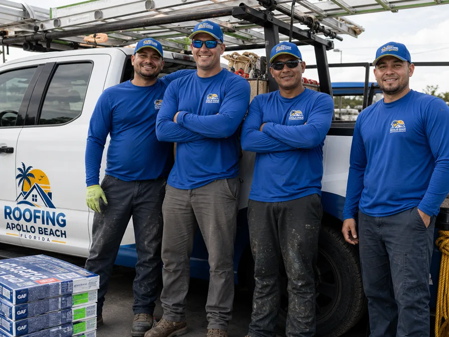 Roofing crew beside a work truck with safety equipment and neatly staged materials